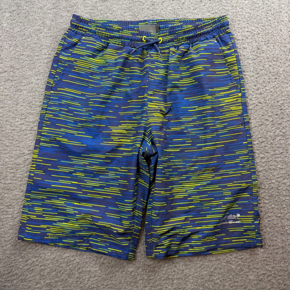 Eddie Bauer Board Shorts Men's L 14/16 Blue Green Glitch Print Swim Trunks